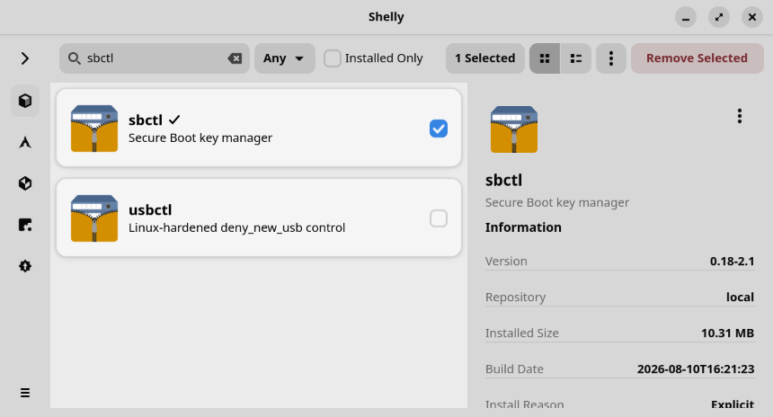 Shelly window with sbctl selected
